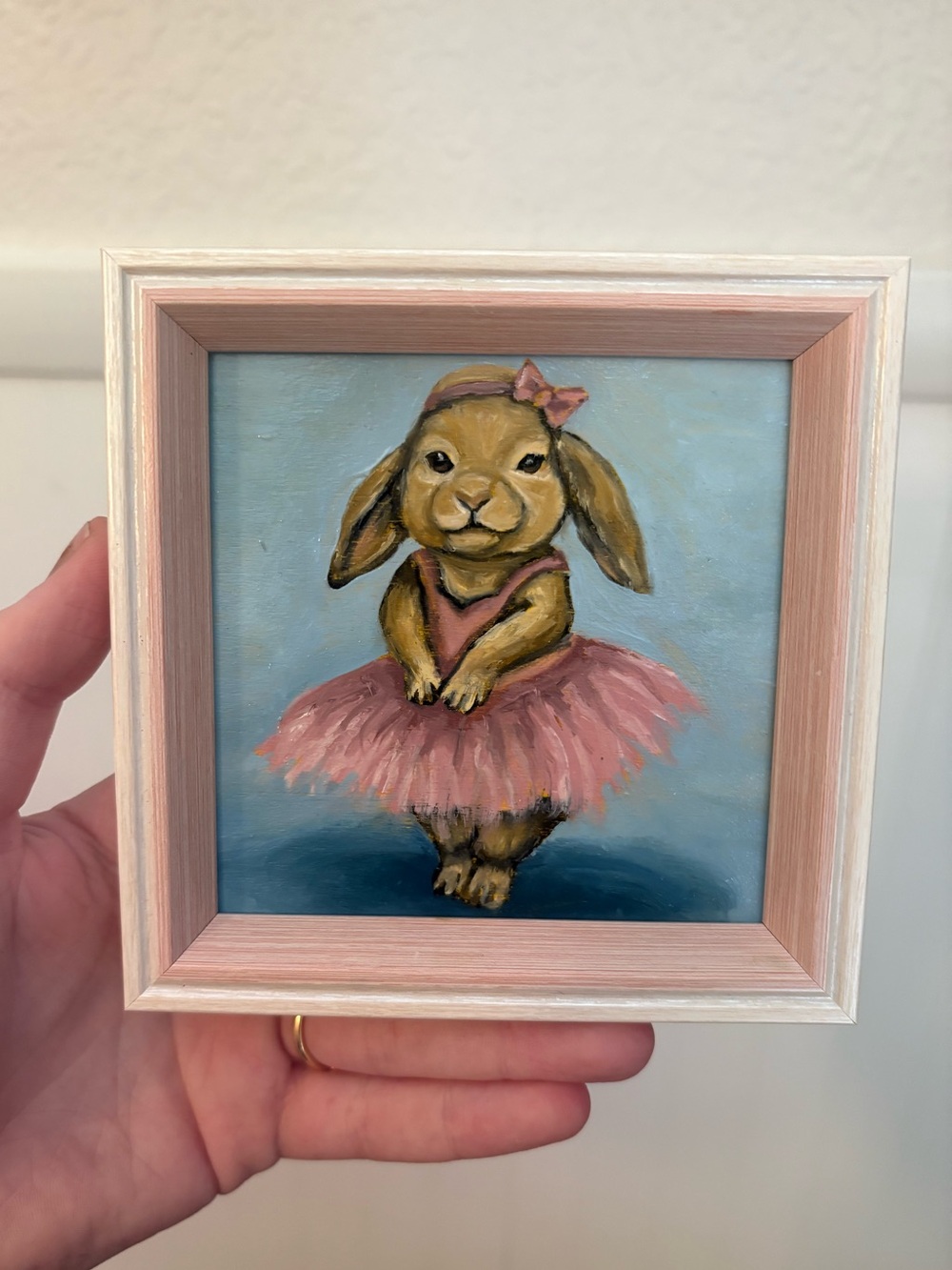 "Ballerina Bunny" Original oil painting on wood board mini framed 4x4"
